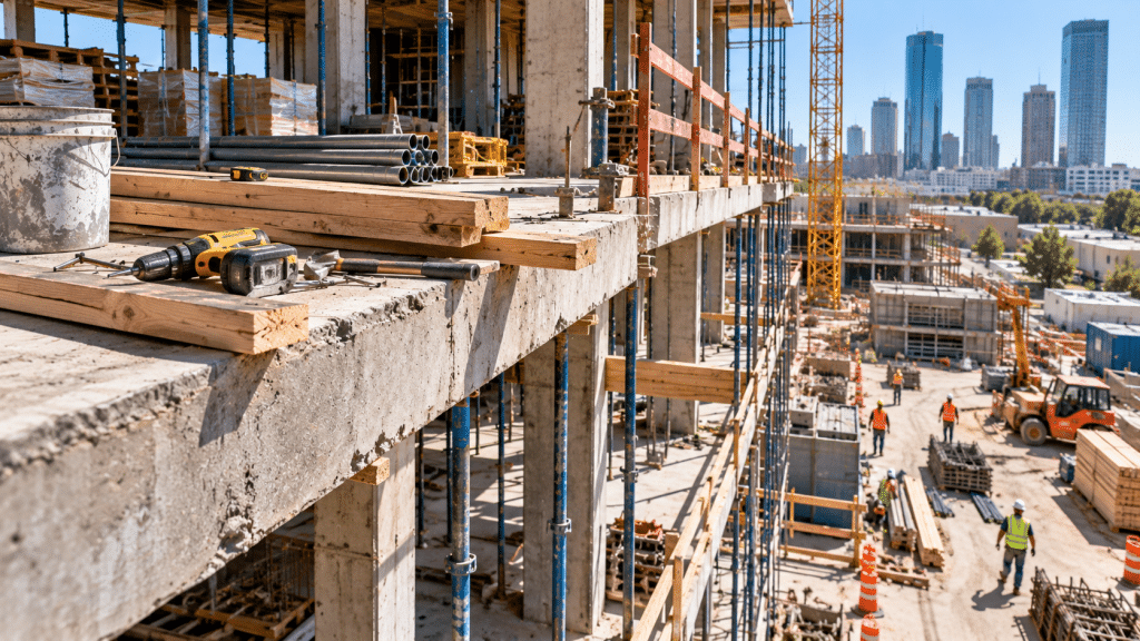 Herramientas y materiales mal asegurados cerca del borde de una obra de construcción.