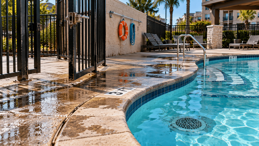 Puerta dañada, piso mojado y otros peligros de mantenimiento alrededor de una piscina.