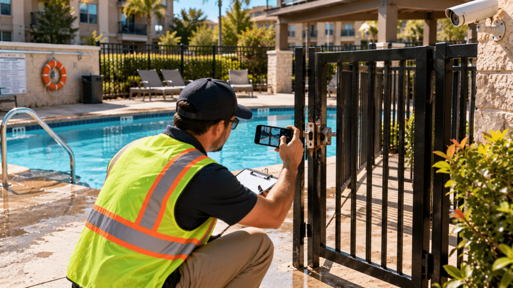 Investigador documentando la puerta, cerca y condiciones de seguridad de una piscina en Houston.