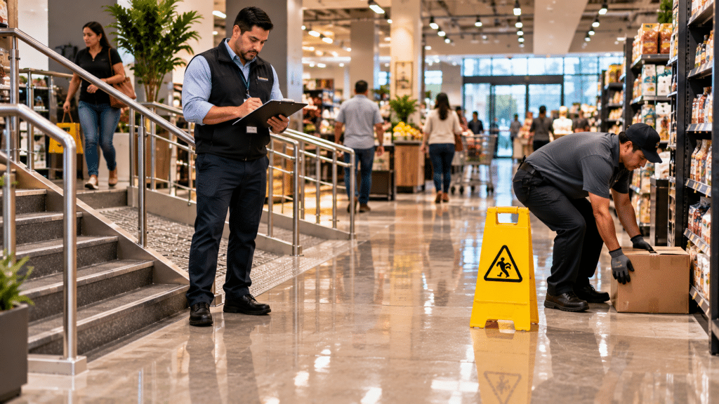 Empleado inspeccionando pasillos y eliminando peligros dentro de un negocio de Houston.