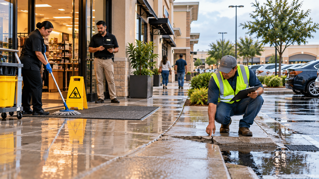 Personal de mantenimiento y empleados inspeccionando diferentes áreas de un centro comercial en Houston.