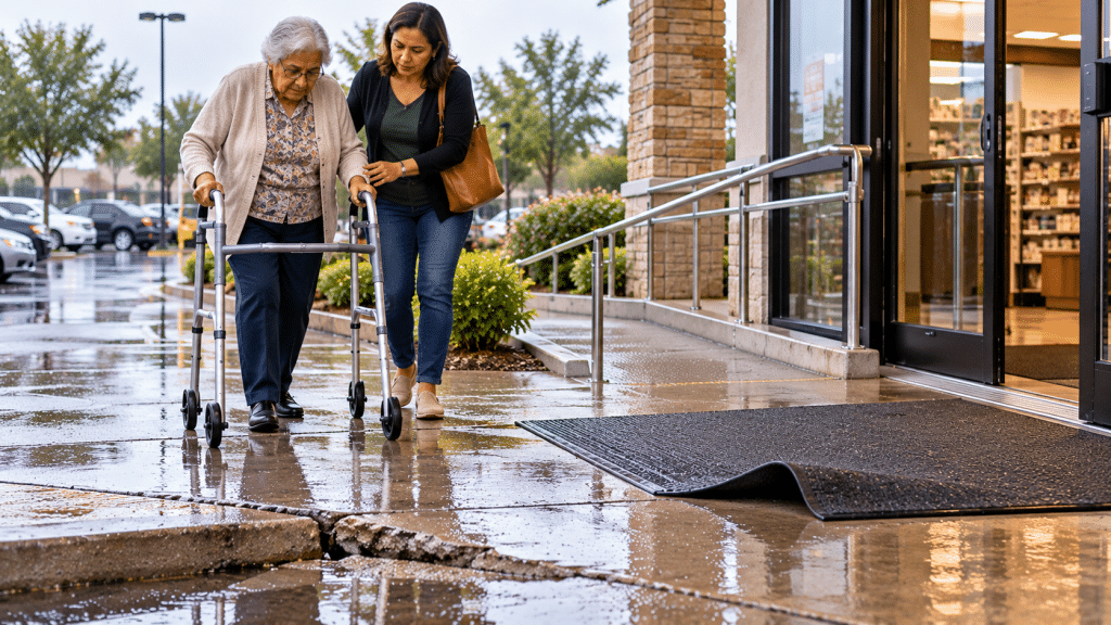 Adulto mayor con andador frente a peligros de caída en la entrada de un negocio de Houston.