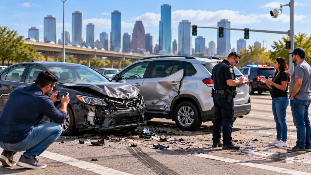 Conductor y oficial recopilando evidencia de un accidente de auto en Houston antes de que desaparezca.