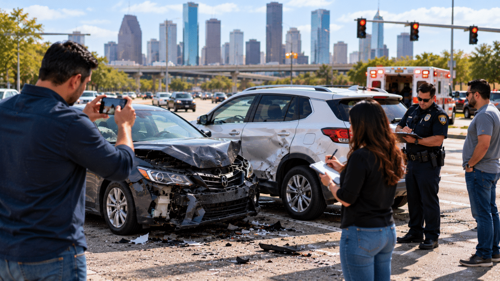 Conductor fotografiando daños y reuniendo evidencia después de un accidente de auto en Houston.