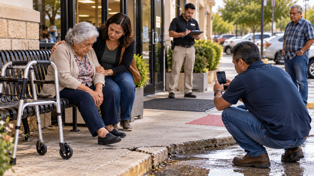 Familia documentando el peligro después de la caída de un adulto mayor en Houston.