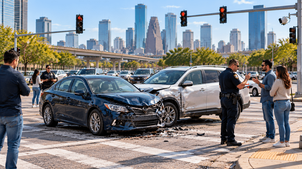Choque durante un giro a la izquierda en una intersección de Houston donde se investiga qué conductor tuvo la culpa.