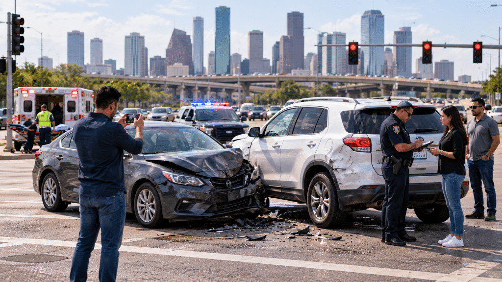 Accidente de auto entre dos vehículos en una intersección de Houston, Texas.