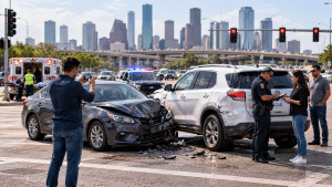Accidente de auto entre dos vehículos en una intersección de Houston, Texas.