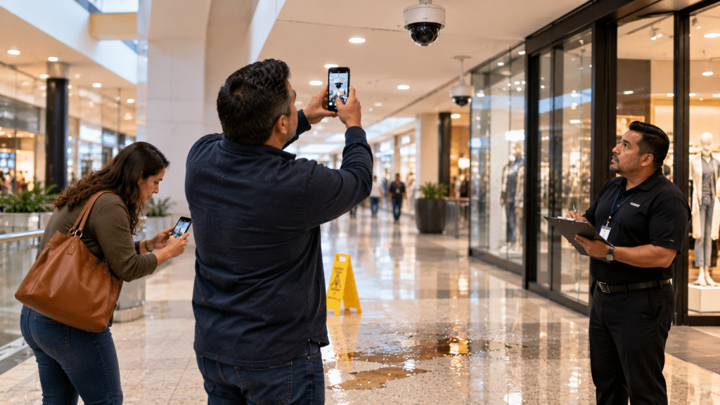 Cliente identificando y fotografiando cámaras de seguridad para preservar evidencia después de una caída en Houston.