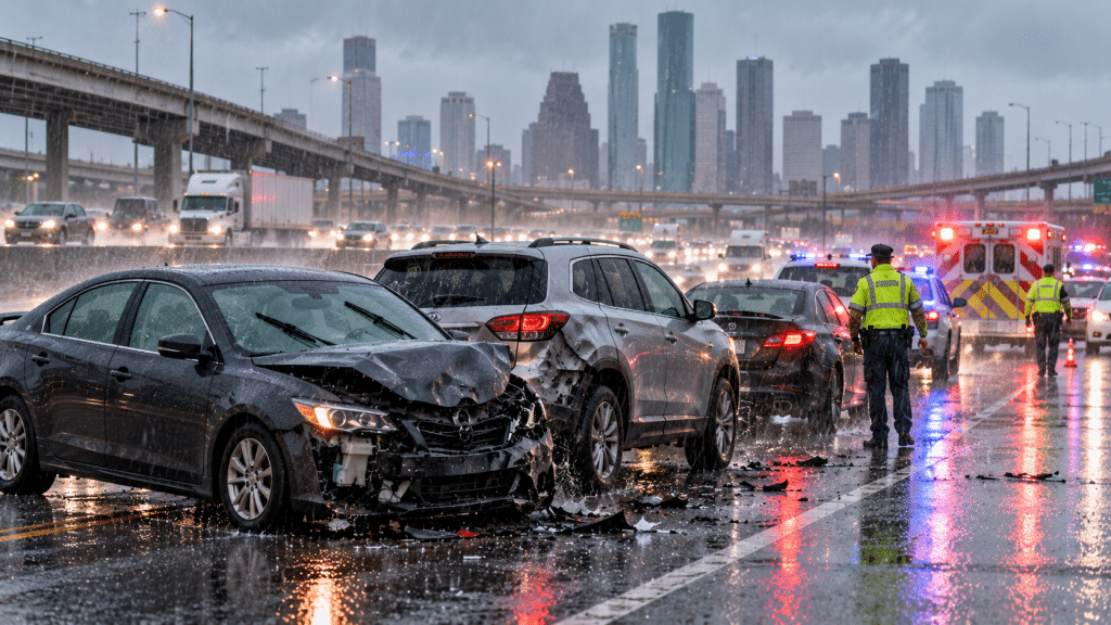 Choque de varios vehículos durante una lluvia intensa en una autopista de Houston, Texas.