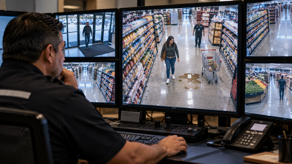 Supervisor revisando grabaciones de cámaras de seguridad para investigar una caída en una tienda de Houston.