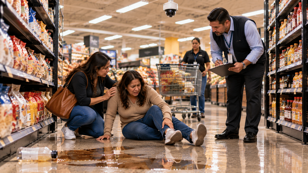 Cámara de seguridad captando el área de una caída en un supermercado de Houston.