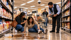 Cámara de seguridad captando el área de una caída en un supermercado de Houston.
