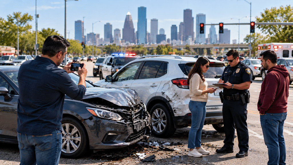Conductor fotografiando los daños y documentando la escena de un accidente de auto en Houston.