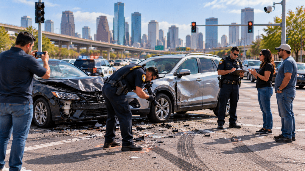 Investigadores recopilando fotografías, marcas de frenado y testimonios para determinar la culpa de un choque en Houston.